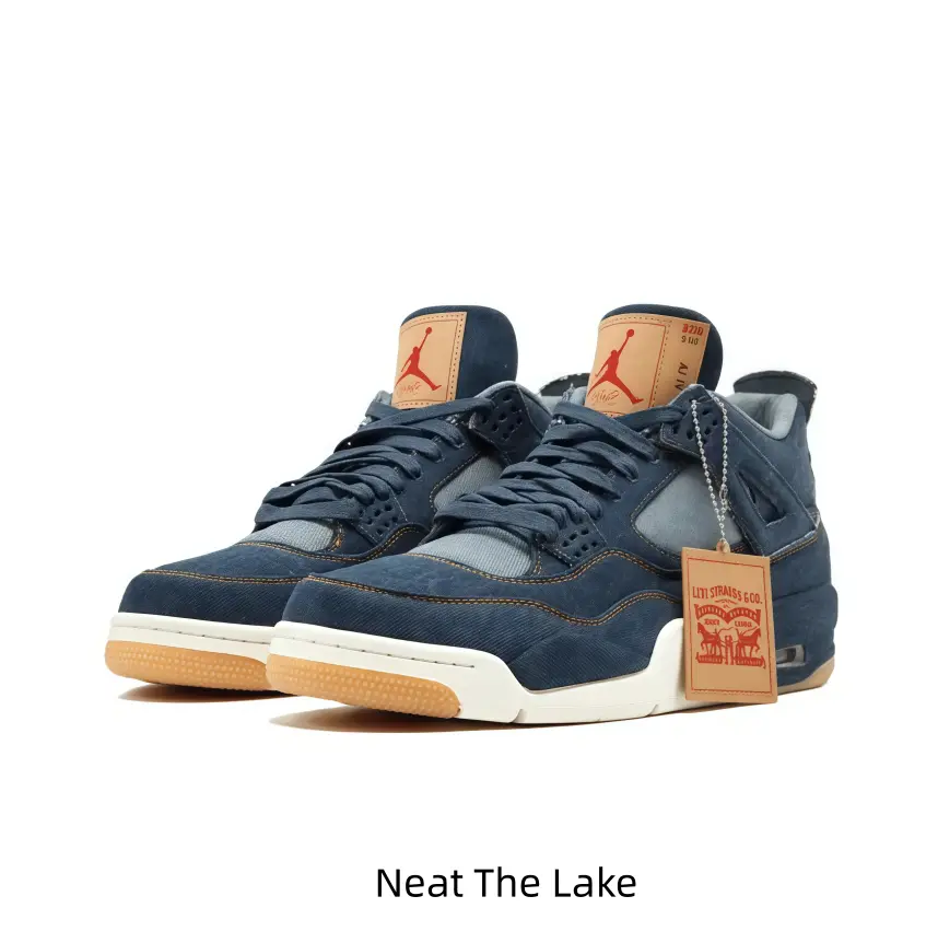 Premium indigo denim suede full upper, light gray mesh breathable side panels, vintage tan stitching outlines, rubber gum toe cap overlay