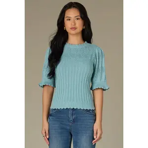 Above Elbow Flounce Sleeve Round Neck Mixed Stitch Petite Sweater