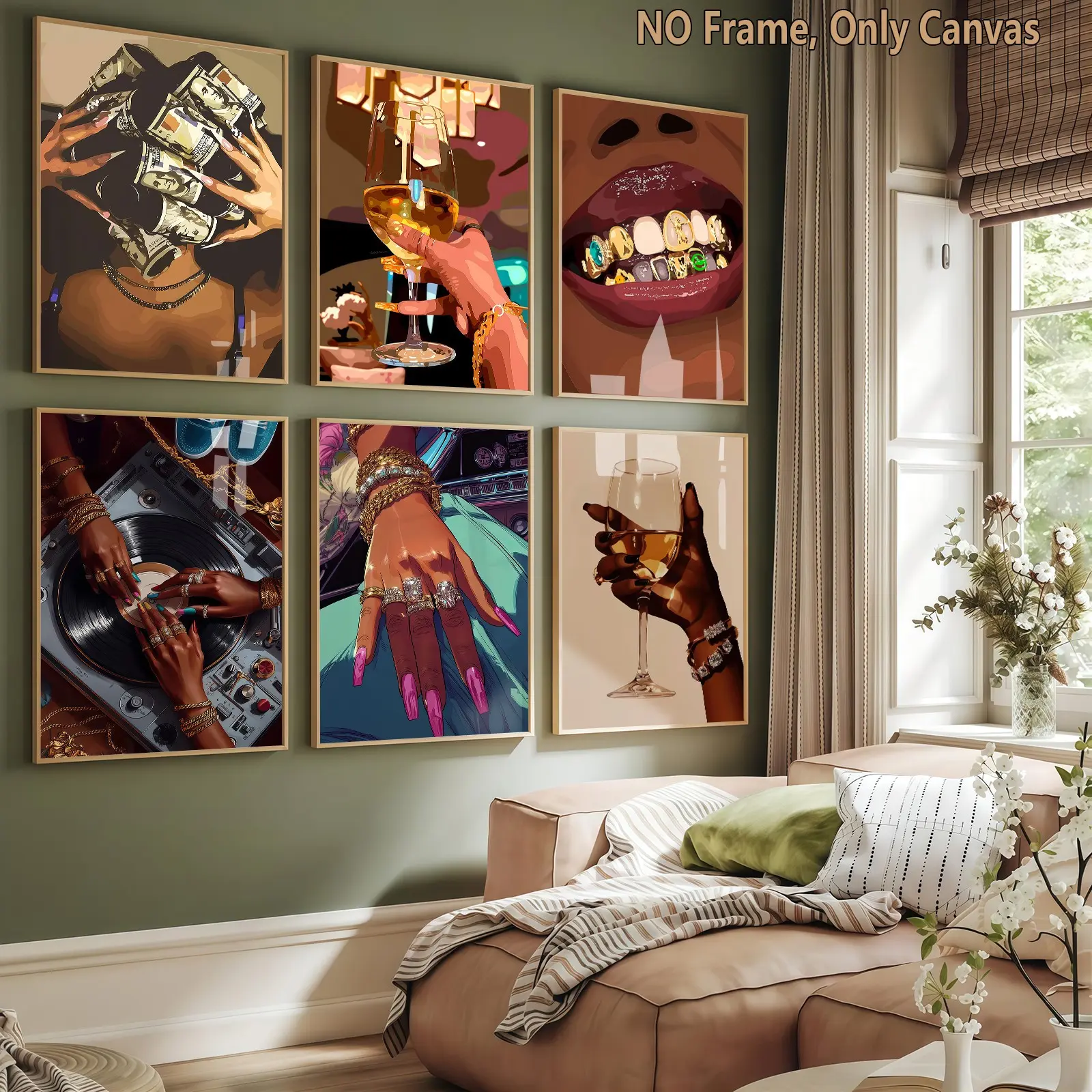 6 count framless canvas, black gold tide luxury city party series decorative poster, fashion female black decoration, fashion home decoration, exquisite modern living room poster, suitable for corridor wall decoration, HD, art