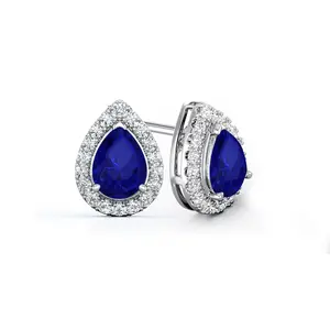 Lab Grown Gemstone Blue Sapphire Stud Earrings Pear 1.00 ct. tw. 14k White Gold Halo