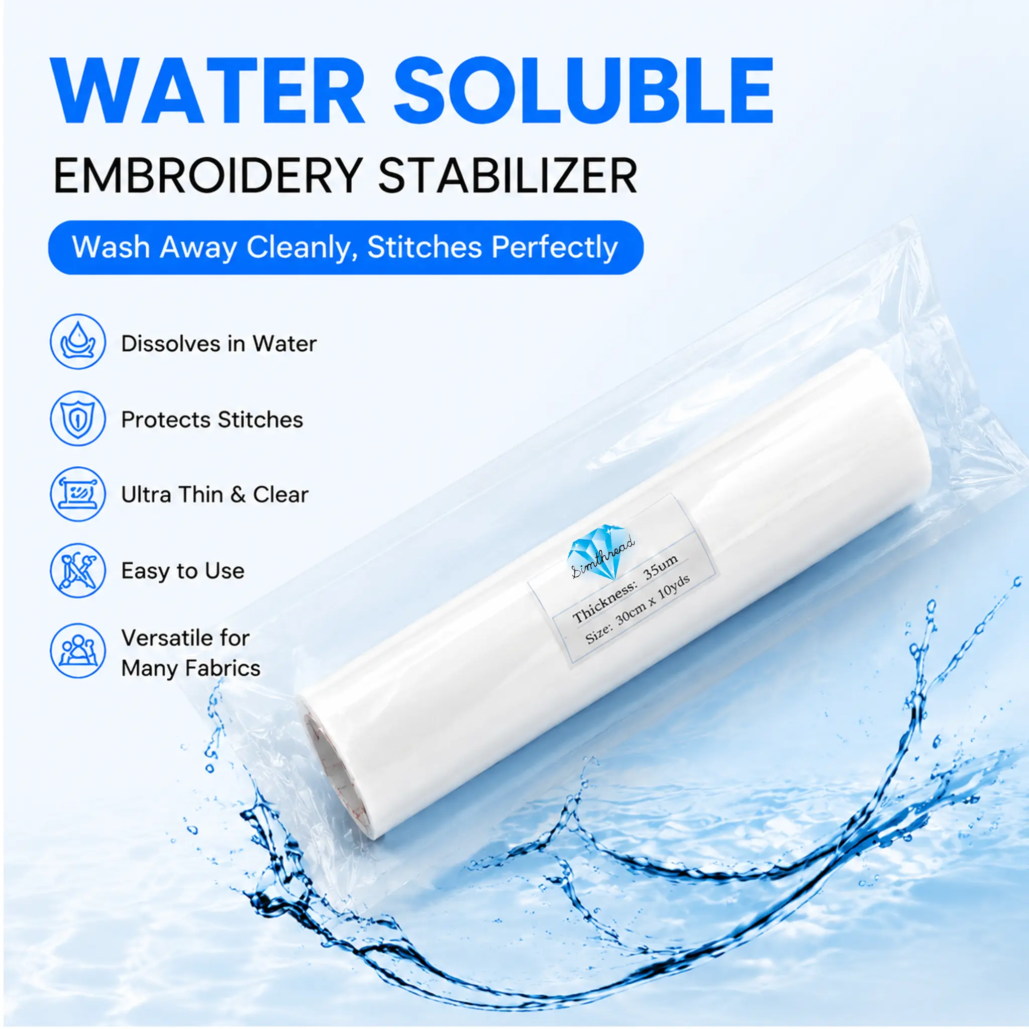 Simthread 35um Water Soluble Wash-Away Embroidery Stabilizer & Topping, Fusible Adhesive for Machine Embroidery, FSL, Knitting & Crochet Haberdashery, Transparent Stitch Protection for Towels, Organza, Corduroy, Artificial Fur