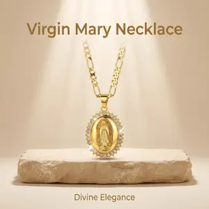 18K Gold Plated Virgin Mary Oval Pendant Necklace with CZ Crystals 19.7-inch Figaro Chain Hypoallergenic Anti-Tarnish Unisex Religious Jewelry Gift for Her and Him