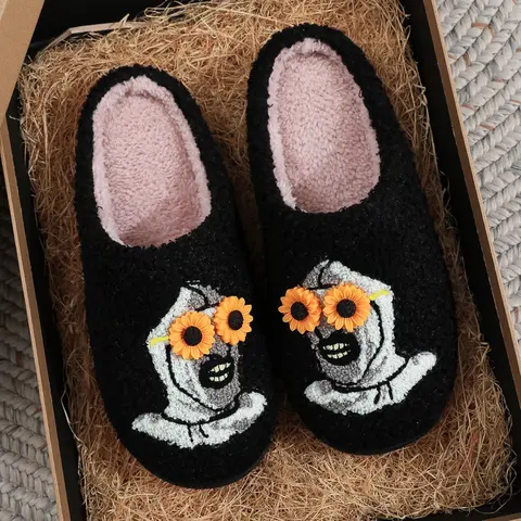 Horror Cartoon Embroidered Plush Slippers, Soft and Comfortable Home Shoes for Men and Women, Perfect for Autumn and Winter Relaxation, Ideal Halloween Gift