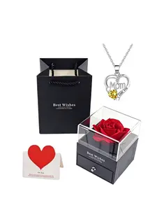 Mother's Day Gift Necklace, Heart Rose Flower Pendant, Personalized Letter Engraving, Elegant Jewelry Box Packaging, Perfect for Mom