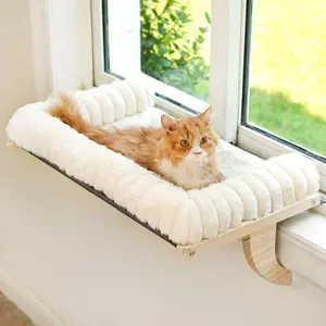 Cat Window Perch with Zipper Removable Cushion Bed, Sturdy Wood & Metal Frame, Supportive Cat Window Seat, Space Saving Hammock Bed for Medium Large Cats