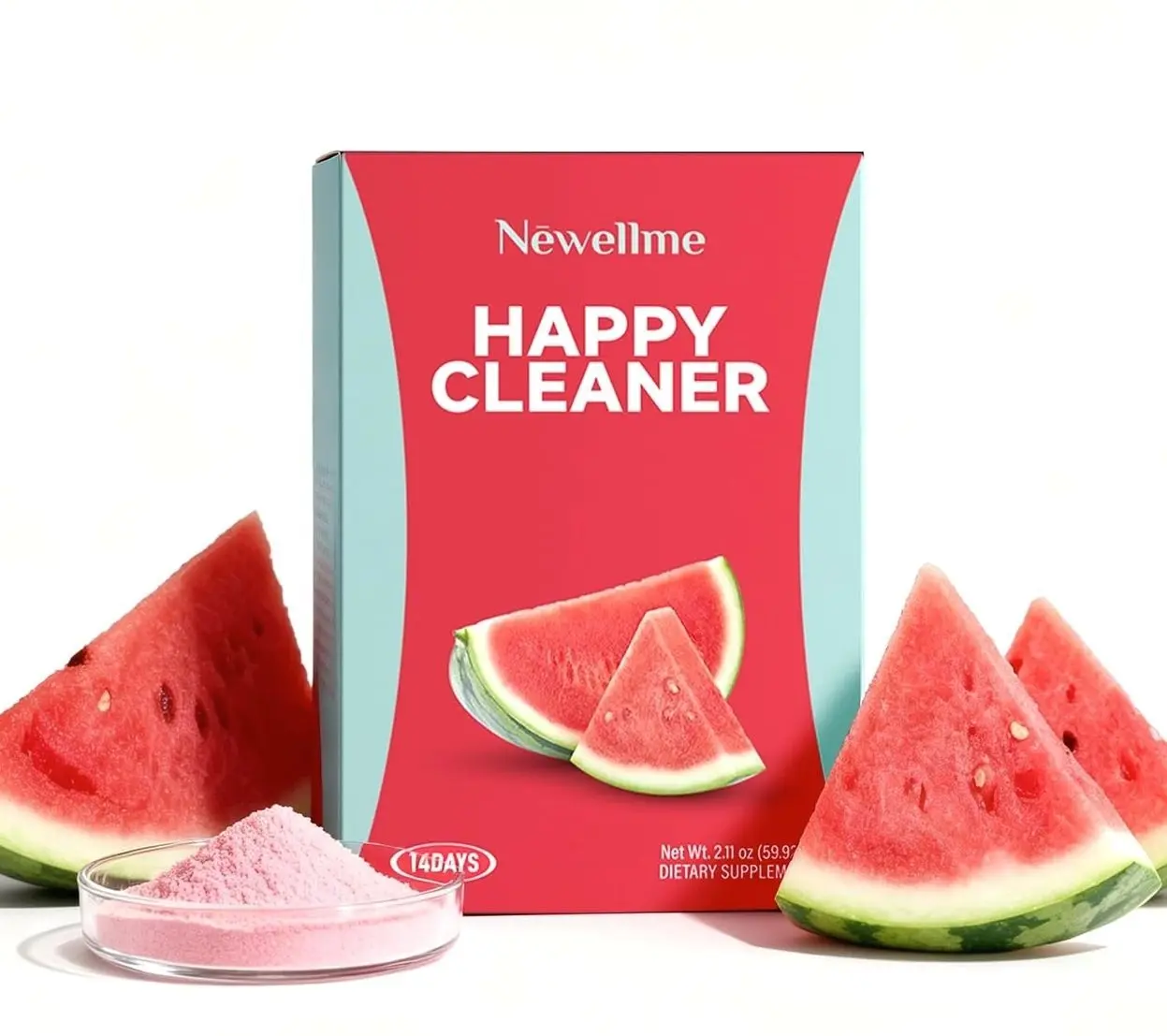 NEWELLME Happy Cleaner Superfood Powder | Digestive & Gut Health, Prebiotics & Probiotics for Women & Men, Support for Bloating & Regularity, Vegan Sugar-Free, Watermelon Flavor, 14 Sachets