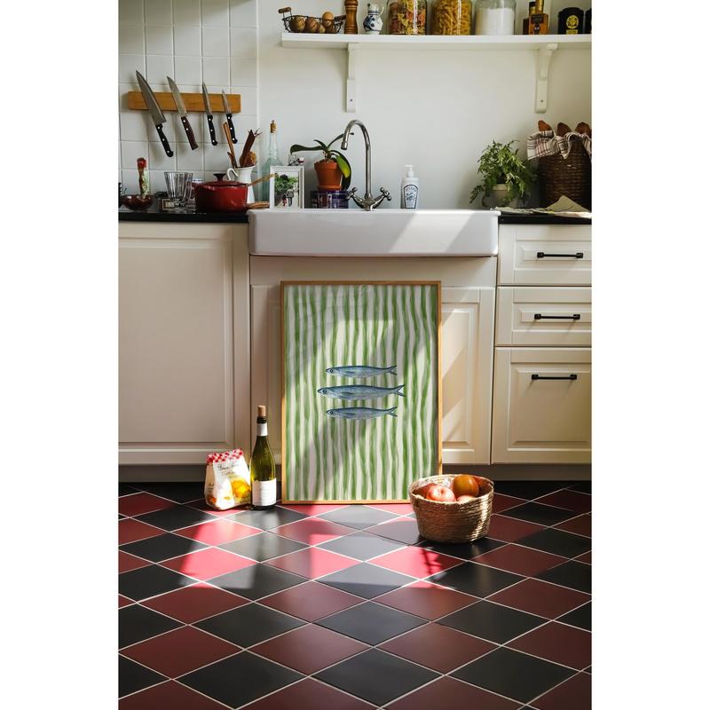 UNFRAMED Sardines Fish Painted Print Green Stripe Trendy Aesthetic Kitchen Wall Art Retro Modern Food Home Decor Framed Print