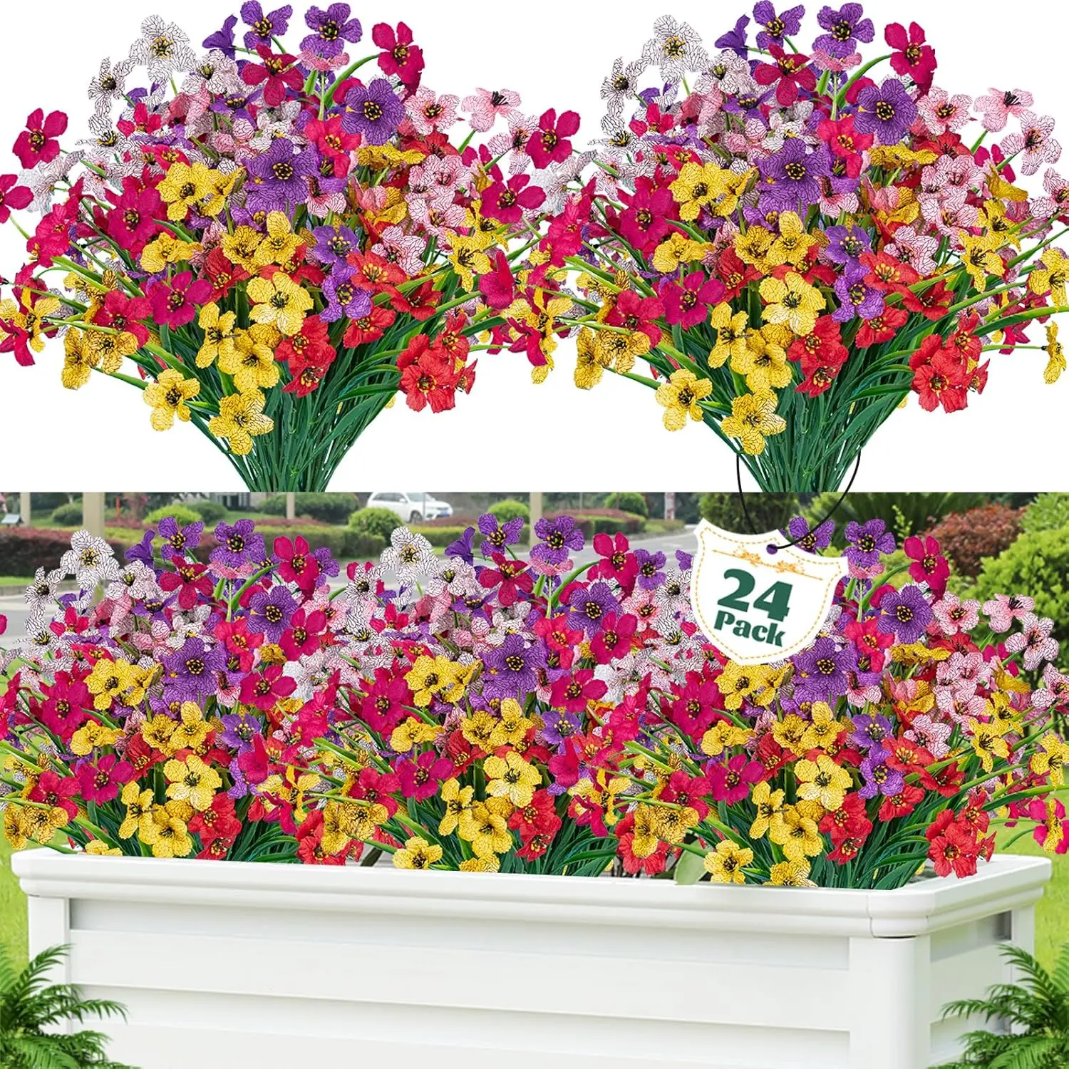 Lnoicy 24 Pcs Artificial Flowers for Outdoor,Plastic Flowers Decoration, UV Resistant Faux Flowers Shrubs, Artificial Plants for Indoor Outside Garden Home Wedding Farmhouse(6 Color)