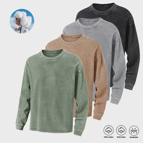 Men's Acid-Wash Distressed Cotton Crewneck Sweatshirt - Menswear, Long Sleeves, Loose-Fit, Loose Sleeve Men's Sweatshirts, Casual Street-Basic Pullover, Machine Wash, Suitable for Everyday Wear & Back-to-School, Winter Wardrobe Piece
