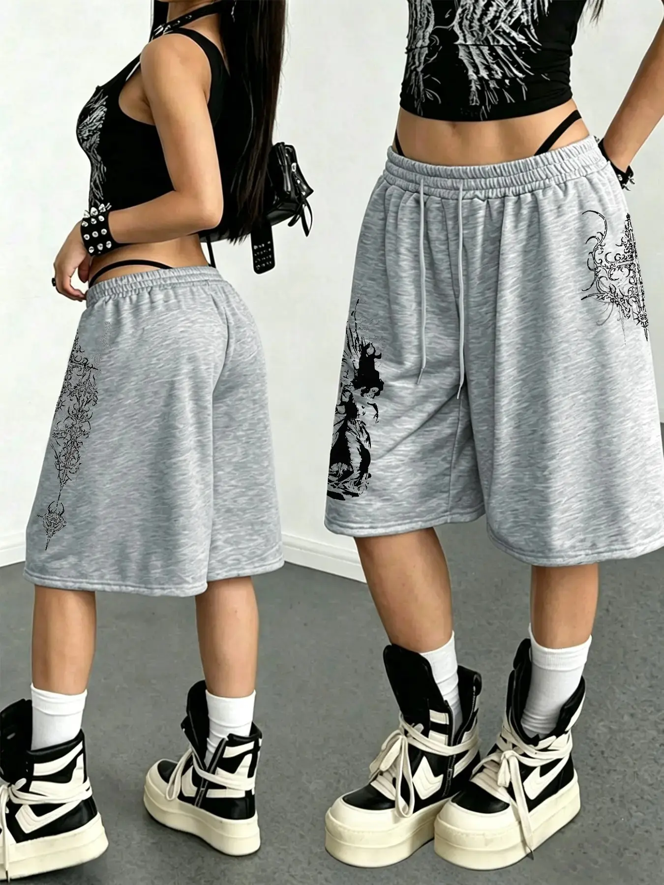 Women's Vintage Gothic Print Elastic Waist Sweat Shorts, Grey Loose Casual Y2K Streetwear Style, Perfect for Party & Daily Wear