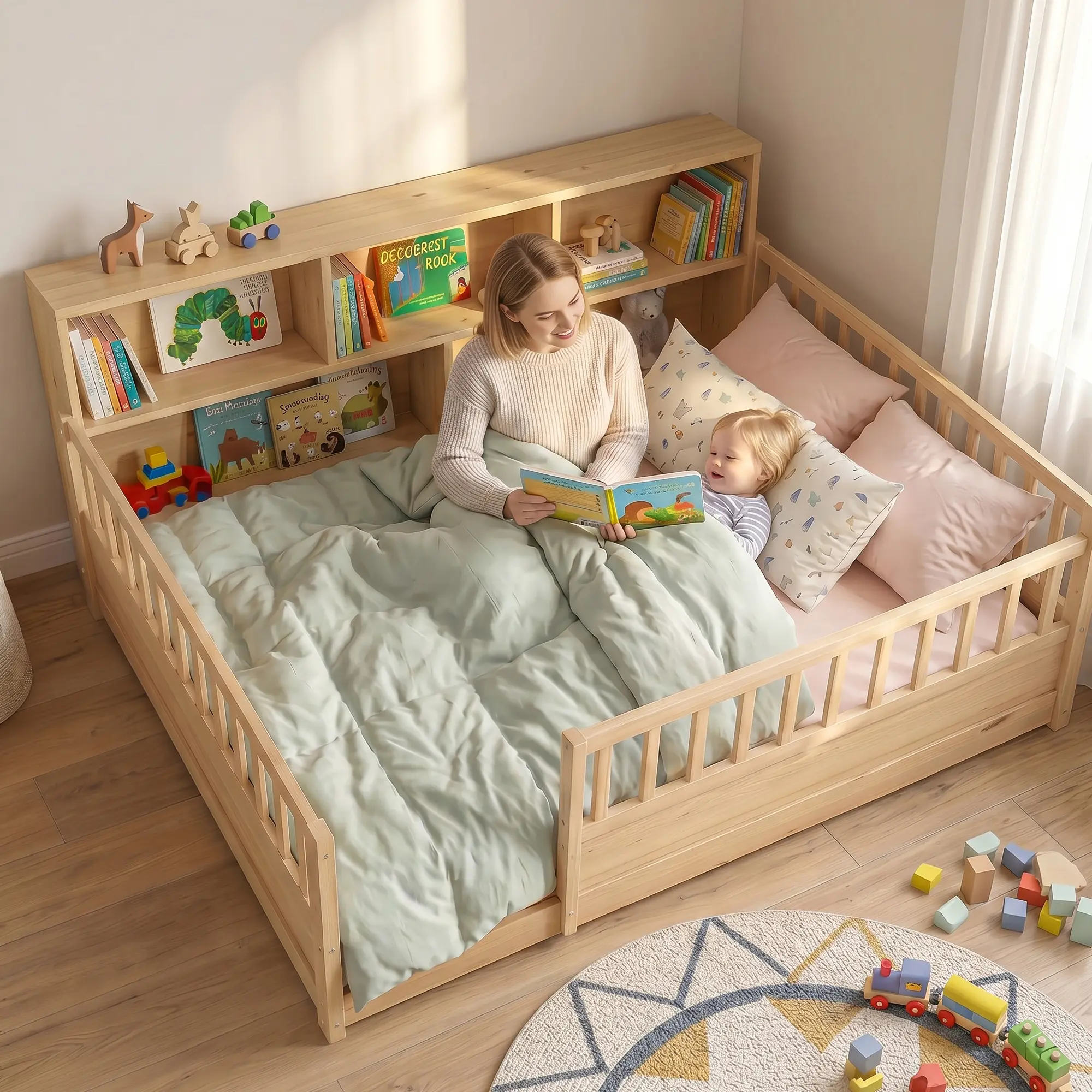 IHUESHO Montessori Toddler Bed - Pine Wood Construction with Integrated Bookcase, Fence Guardrails, Open Entry, Framed Closet for Kids’ Nursery, Montessori Bed, Twin, Unisex, Guard Rails, 18 - 24 Months, Montessori Floor Bed