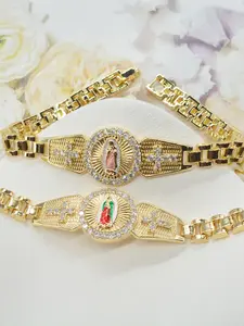 Elegant Copper Chain Fashionable Bracelet with Synthetic Zirconia and Virgin Mary Image, Unisex Religious Jewelry Gift, Perfect for Daily Wear