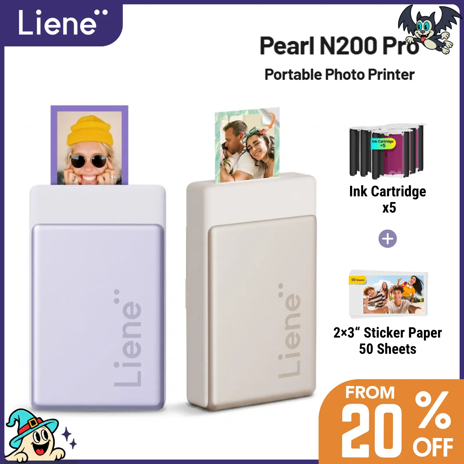 Liene Pearl N200 Pro Portable Thermal Dye Sublimation Instant Photo Printer - Mini Bluetooth Wireless Printing Solutions, Built-In Full Charge Power, 50 Adhesive Sheets, 5 Ink Cartridges for iOS/Android Smartphones, Cool Gadgets Mini Useful Gifts