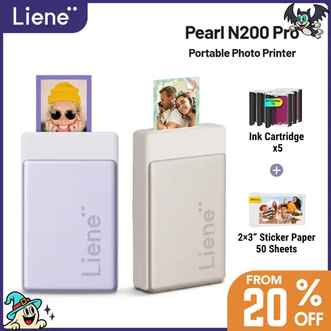 Liene Pearl N200 Pro Portable Thermal Dye Sublimation Instant Photo Printer - Mini Bluetooth Wireless Printing Solutions, Built-In Full Charge Power, 50 Adhesive Sheets, 5 Ink Cartridges for iOS/Android Smartphones, Cool Gadgets Mini Useful Gifts