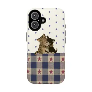 Cute Cat Hug Phone Case, Polka Dot & Plaid Patchwork Tough Phone Case with Adorable Kitten Illustration