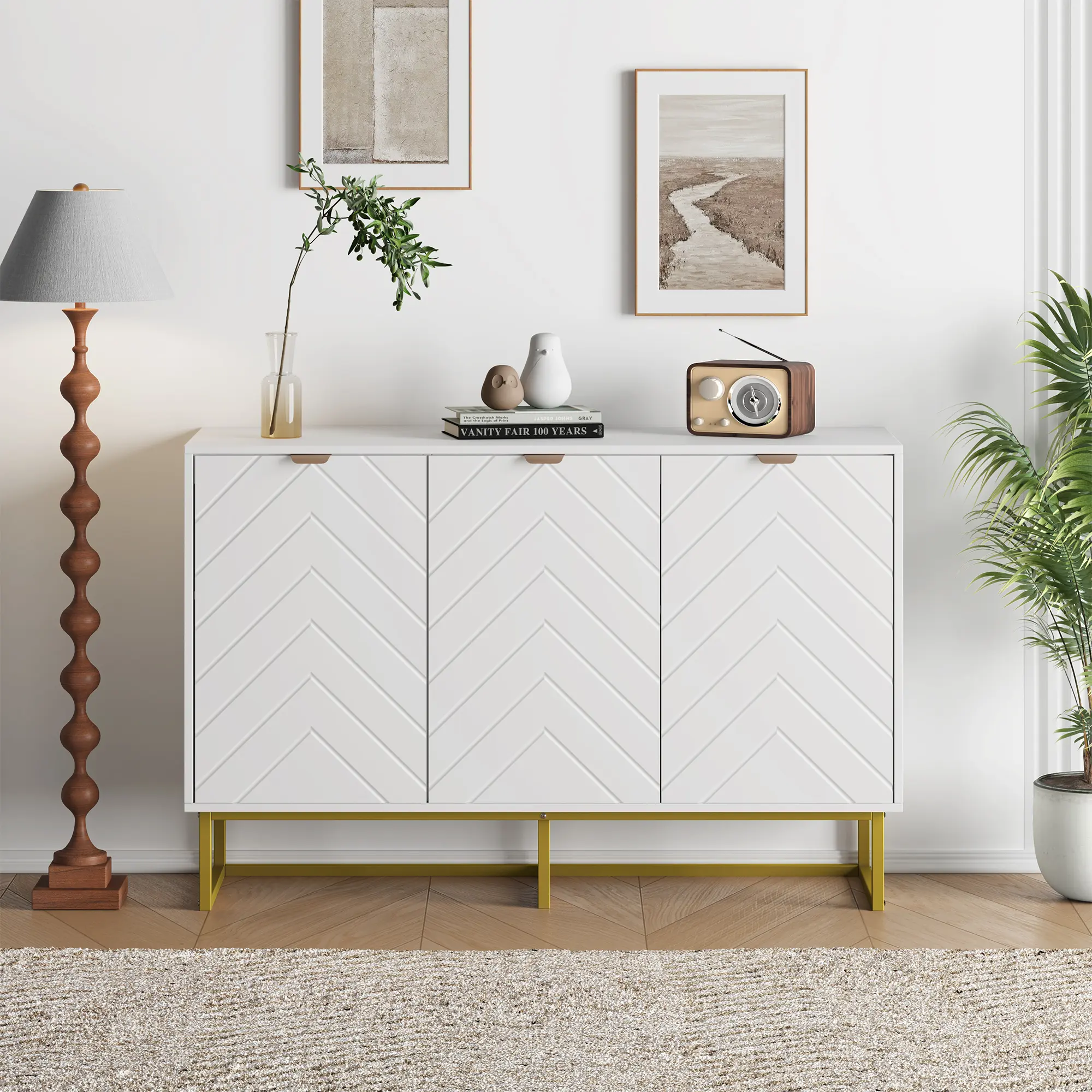 Garvee Modern Buffet Sideboard with 3 Doors and Shelf Wood Credenza Console Cabinet White