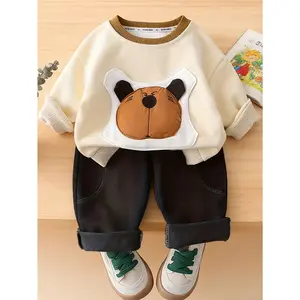(New)2pcs Boys' Cute 3D Bear Print Sweatsuit & Vintage Set - Winter Warm Playwear Outfit, Matching Bear for, Playdates, Easy Hand-Wash Care ( to), Perfect for Outdoor