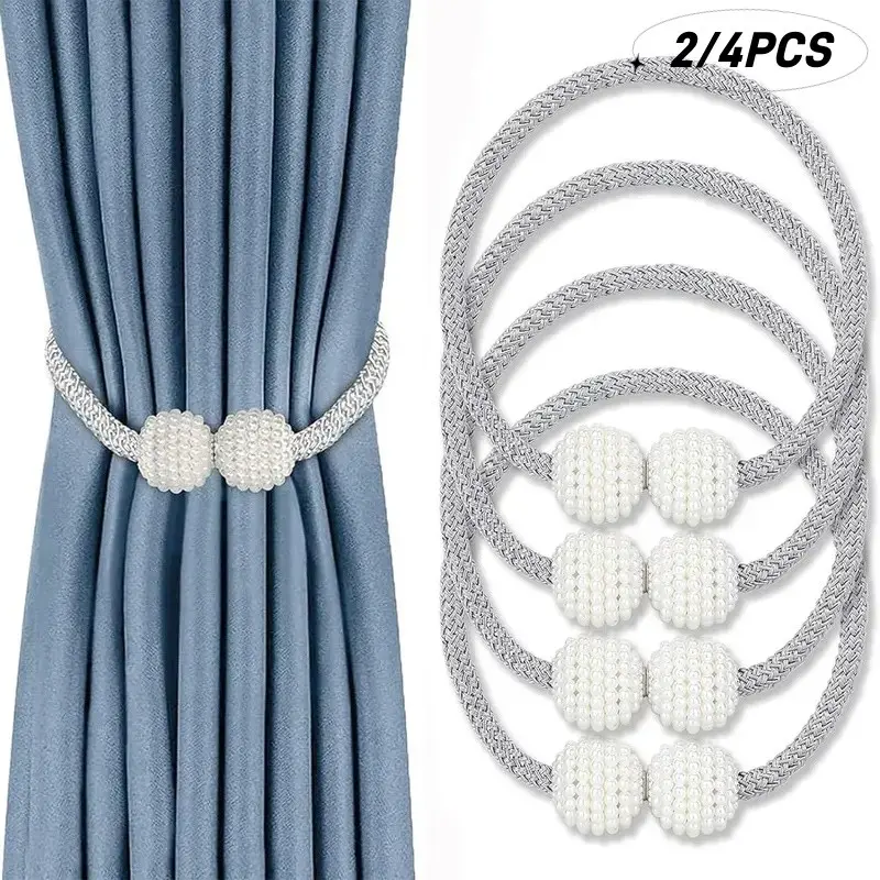Magnetic Curtain Tiebacks Set of 4, Pearl-Imitation Curtain Bands, Modern Minimalist Style, Minimalist Design, Modern Aesthetic, Versatile Use, Home Decor for Living Room & Bedroom