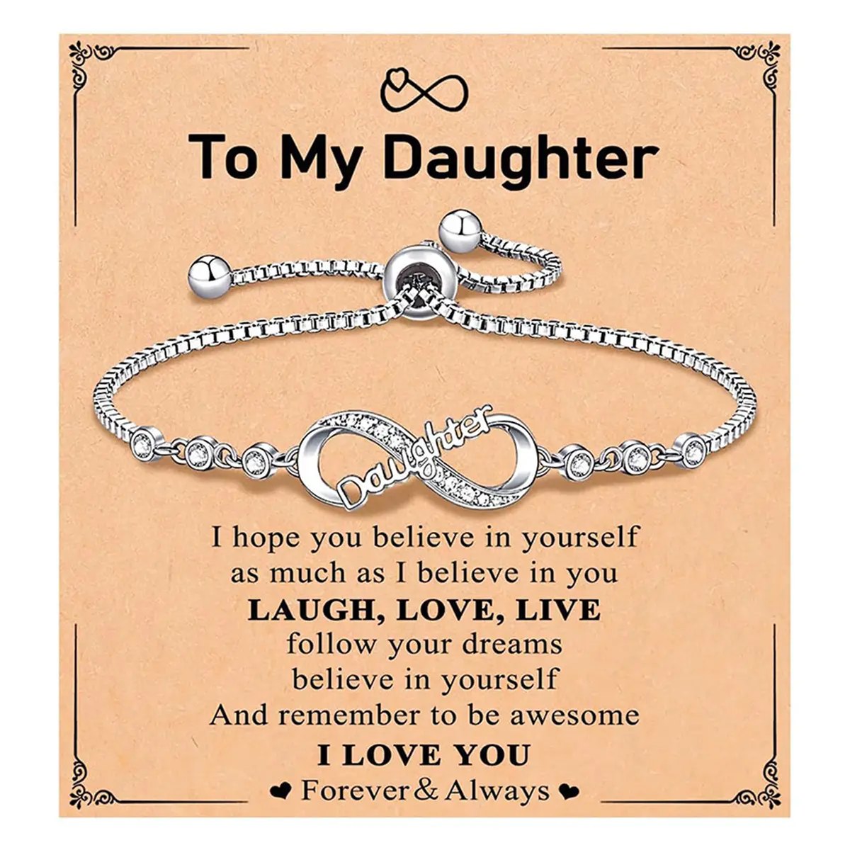 Heart Infinity Charm Bracelet for Daughter, Adjustable Inspirational Jewelry, Meaningful Gift for Birthday or Graduation, Heart Charm Bracelet