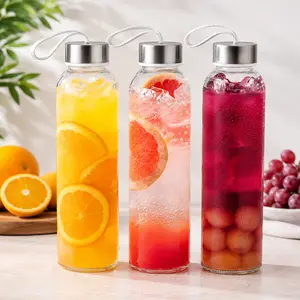 3 Packs Glass Water Bottles with Lid Clear Juice Bottles Reusable Bottle with Stainless Steel Cap Glass Cups Liquid Storage Containers for Juicing Beverage Refrigerator Travel-17oz