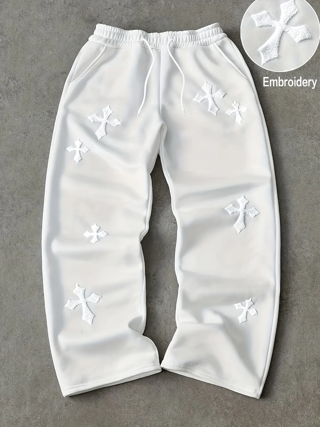 Men’s wide-leg sweatpants with cross patch embroidery, elastic drawstring, loose straight fit, streetwear casual trousers with pockets