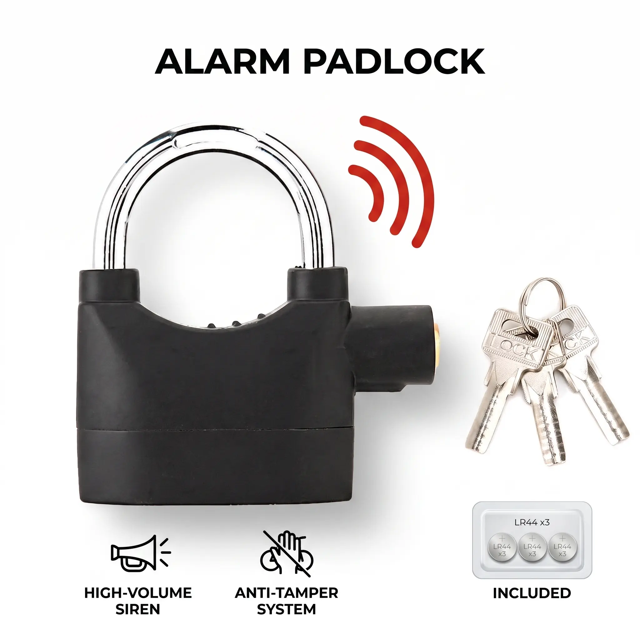Alarm Lock 110dB Universal Anti-Theft Alarm System – Padlock for Doors, Motorcycles, and Bicycles (Includes 3 Keys)