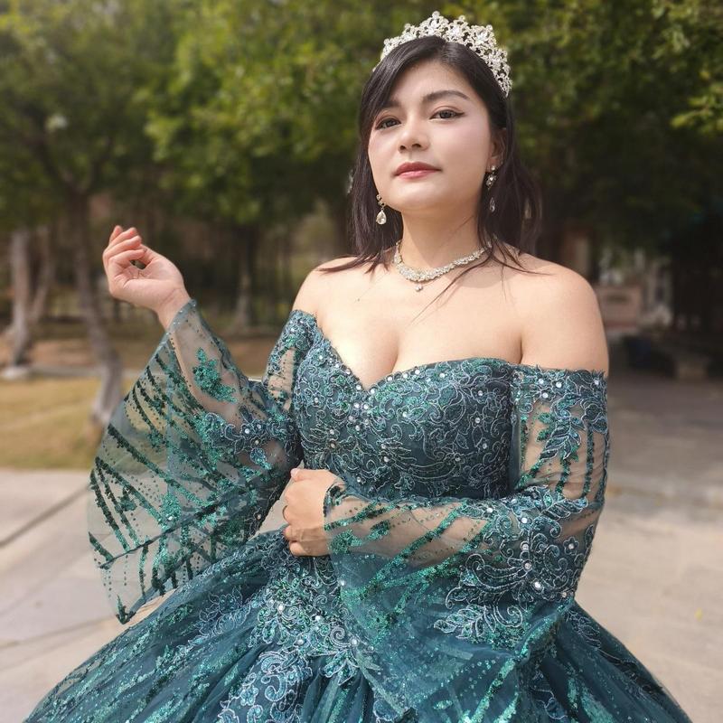 NO.43  Quinceañera Dress Off The Shoulder Bell Sleeves Green Blush Sparkle Tulle Ball Gown Dress