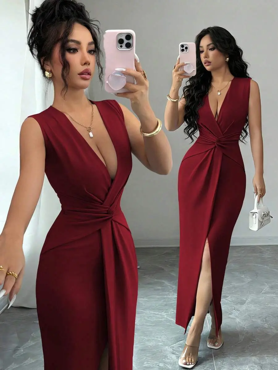 Elegant Pleated V-Neck Cinched Waist Slit Dress, Sexy & Graceful, Suitable For Daily Wear And Vacation, Light Blue, Spring/Summer