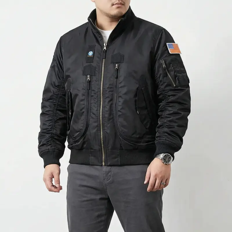 Men's Unisex Viral Vintage Military MA-1 Streetwear Jackets - Long Sleeve Thick Air Force Flight Bomber Coat, Oversized Cargo Pilot Outerwear with Fleece Leopard Print, Casual Daily Wear (Black)