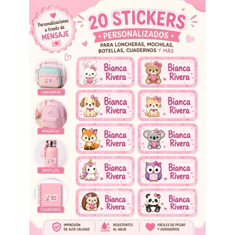 20 Stickers Personalizados con Nombre para Loncheras, Mochilas, Botellas, Cuadernos y Más