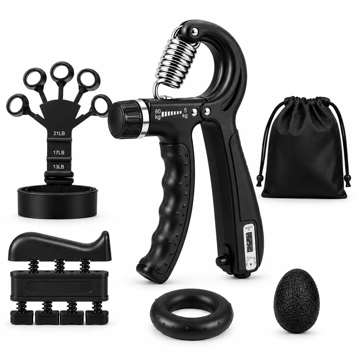Hand Grip Strengthener Kit, 5-Piece Adjustable Forearm Trainer with Finger Exerciser, Finger Stretcher, Grip Ring & Stress Ball for Men & Women