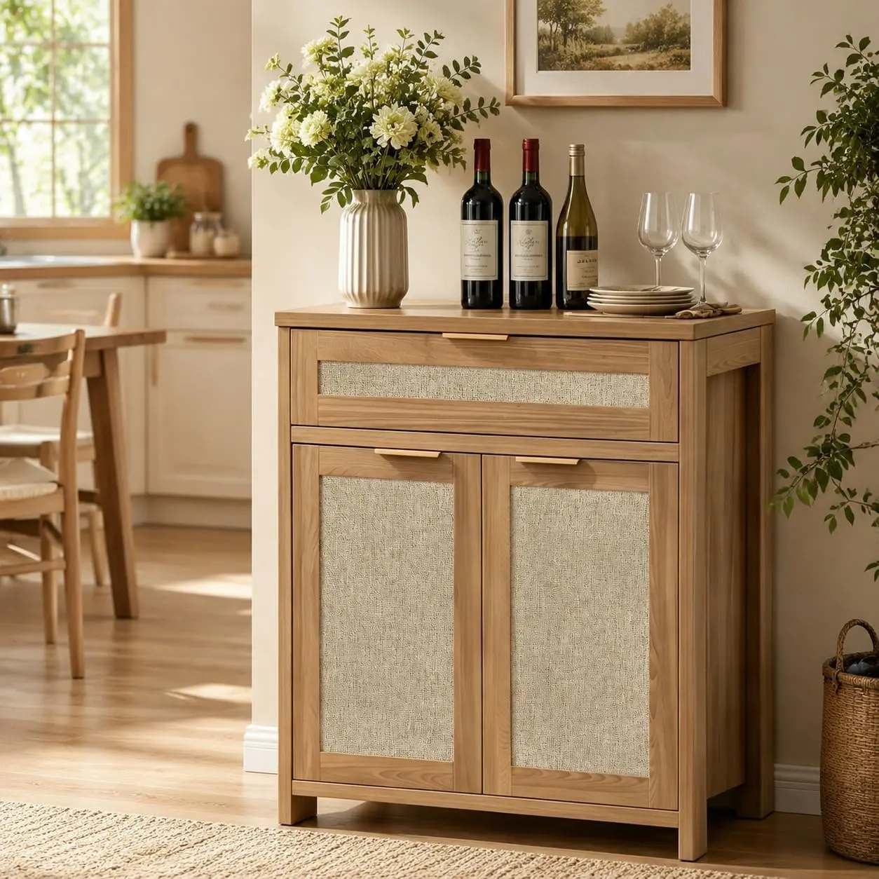 Rattan Sideboard Buffet Cabinet with Adjustable Shelf & Drawer, Farmhouse Boho Storage Cabinet for Dining Room Kitchen Entryway，Wood