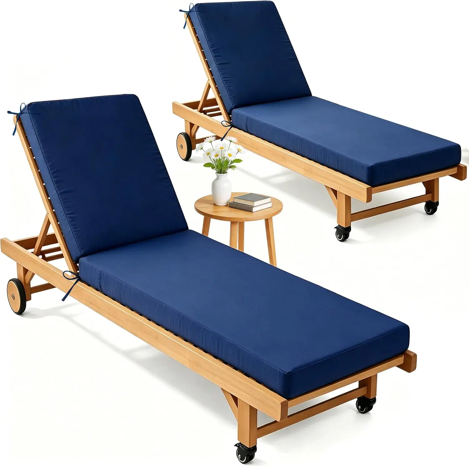 2*Chaise Lounge Cushions Outdoor 72x21x3.5 Inch, Waterproof and Fade Resistant Chair Cushions for Outdoor Furniture Replacement, Thickened Patio Pool Lounger Pads with 4 Ties for Pool Lawn,Navy Blue