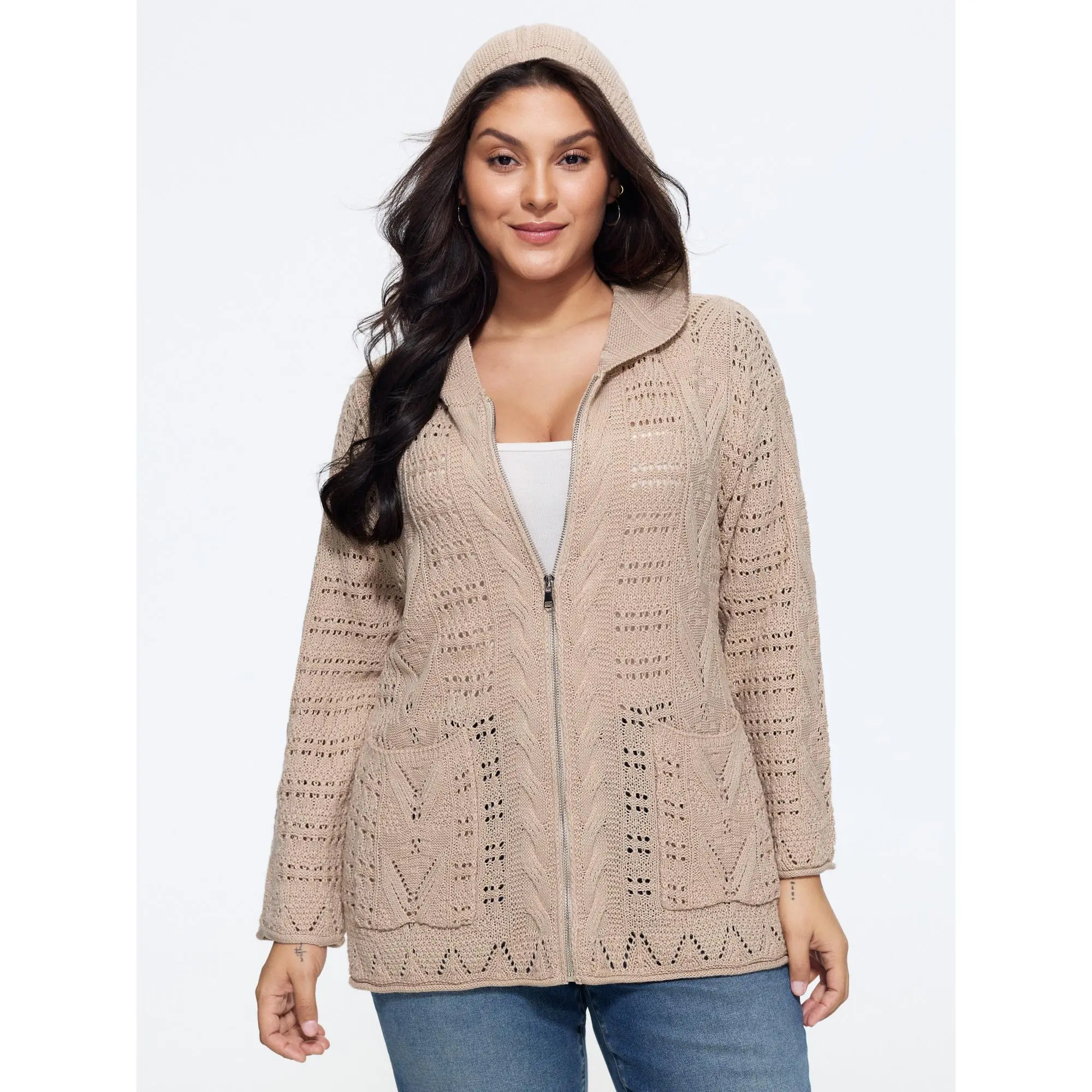 BLOOMCHIC Women's Plus Size Cotton Blend Textured V-Neck Full-Zip Cut-Outs Hooded Cardigan [M-6X], for Back-to-School, Cold Handwash Care
