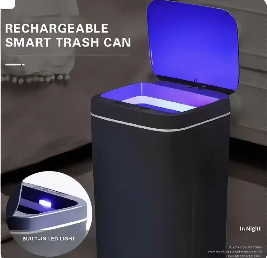 Rechargeable Smart Trash Can with Built-in LED Light for Night Use Modern Design