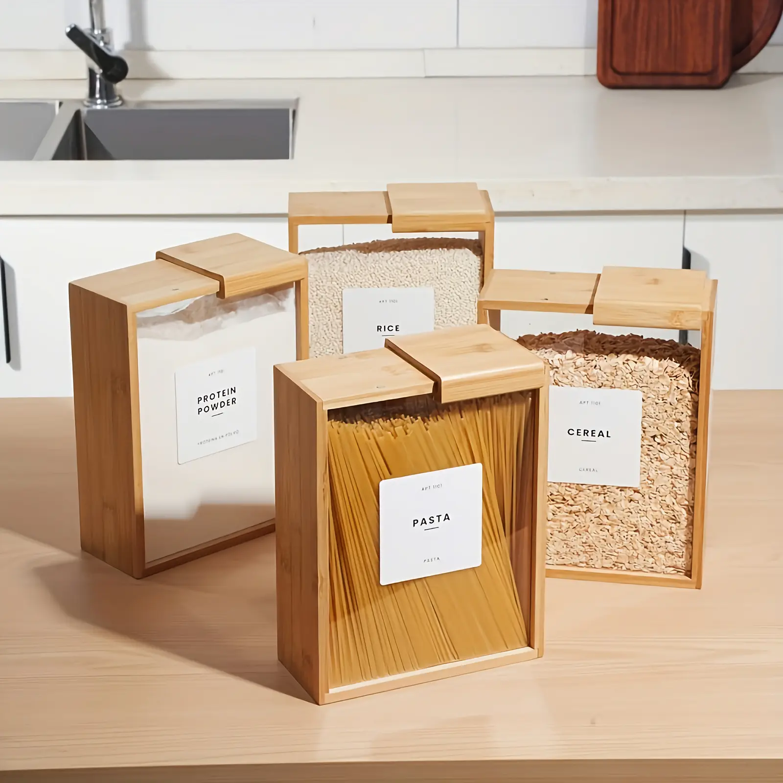 1PCS Aesthetic Bamboo Square Food Storage Canister Dispenser - 3L, Sliding Lid, Rectangular Kitchen Pantry Cabinet Organizer, Reusable for Pasta/Cereals, Ideal Housewarming Gift, Pantry Cabinet Organization