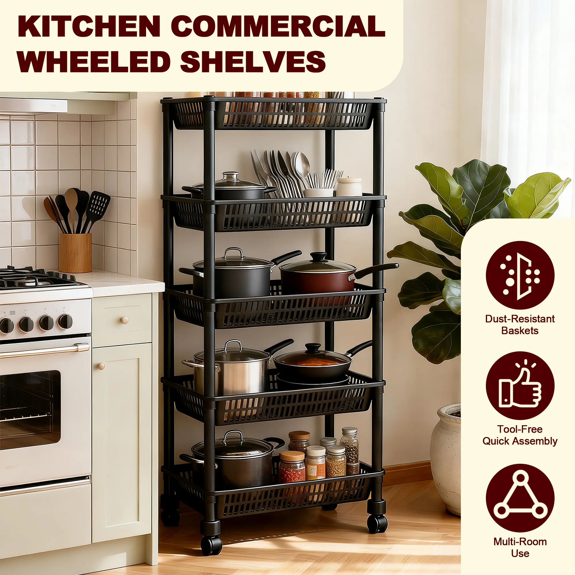 3/4/5-Tier Lightweight Household Rolling Storage Cart, Multifunctional Utility Cart with Modern Hollow Mesh Baskets, Plastic Frame & Lockable Smooth Wheels, Storage Organizer for Kitchen, Bathroom