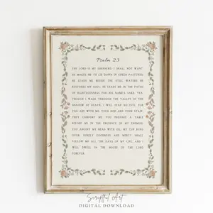 Cottagecore Christian Nursery Decor, the Lord Is My Shepherd, Vintage Bible Verse Wall Art, Psalm 23, Pink Floral Print, Room Decor, Unframed