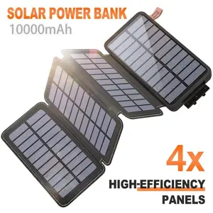 10000mah Solar Charger Power Bank with 4-Fold Solar Panel, Bright Light with Sos Mode, Dual USB Output, Portable, Ideal for Outdoor Activities, Charges Apple, Samsung, Huawei Devices