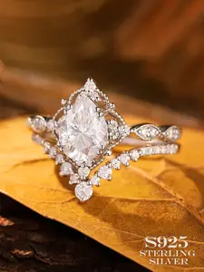 Women's 925 Silver Ring Set, Elegant Floral Design, Artificial Zircon Inlay, Casual Jewelry Gift Box, Engagement Wedding Rings, All Season Wear