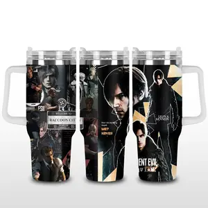 Leon S. Kennedy Resident Evil 40oz Tumbler With Handle – Raccoon City Survivor Stainless Steel Cup, Umbrella Corp Inspired Travel Mug, Insulated Iced Coffee Cup, Gift For Game Fans