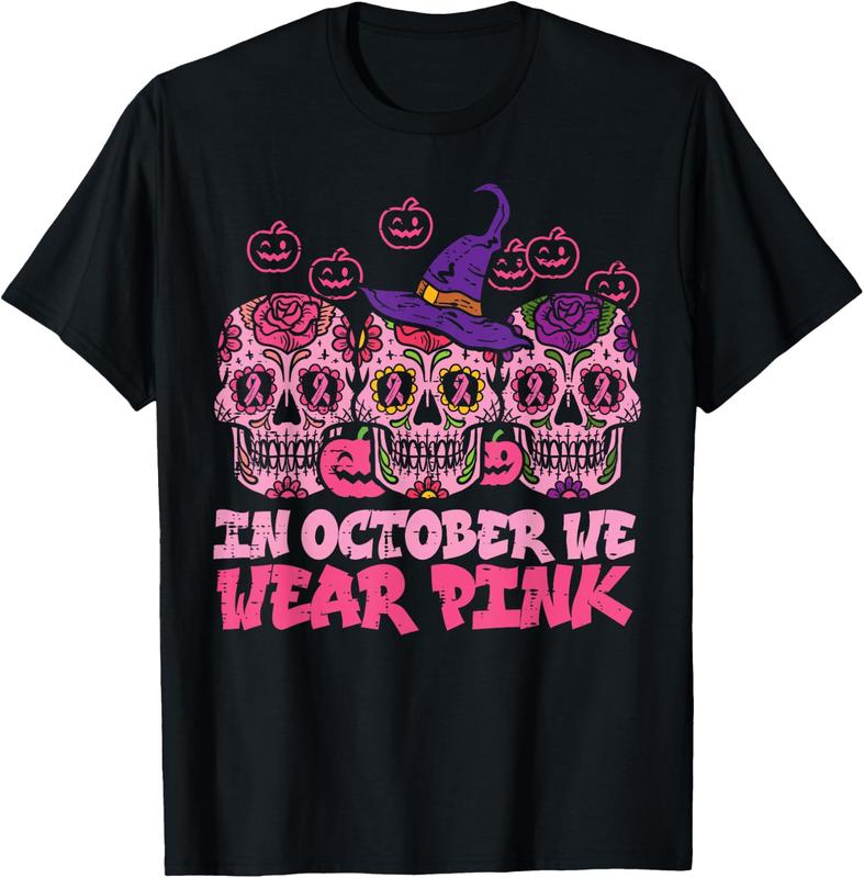 Women's Casual Crew Neck Short-Sleeve Cotton Graphic T-Shirt - October Pink Sugar Skull Witch, Halloween, Breast Cancer, Retro, Breathable, Comfortable, Lightweight Top