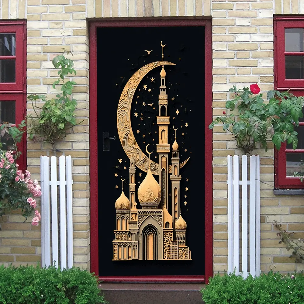 2 Ramadan Kareem Islamic Wall Stickers Gold Moon Mosque Design Eid Mubarak Decoration for Home Living Room Bedroom Door Window Decal Muslim Festival Ornament Waterproof Removable Art Decor