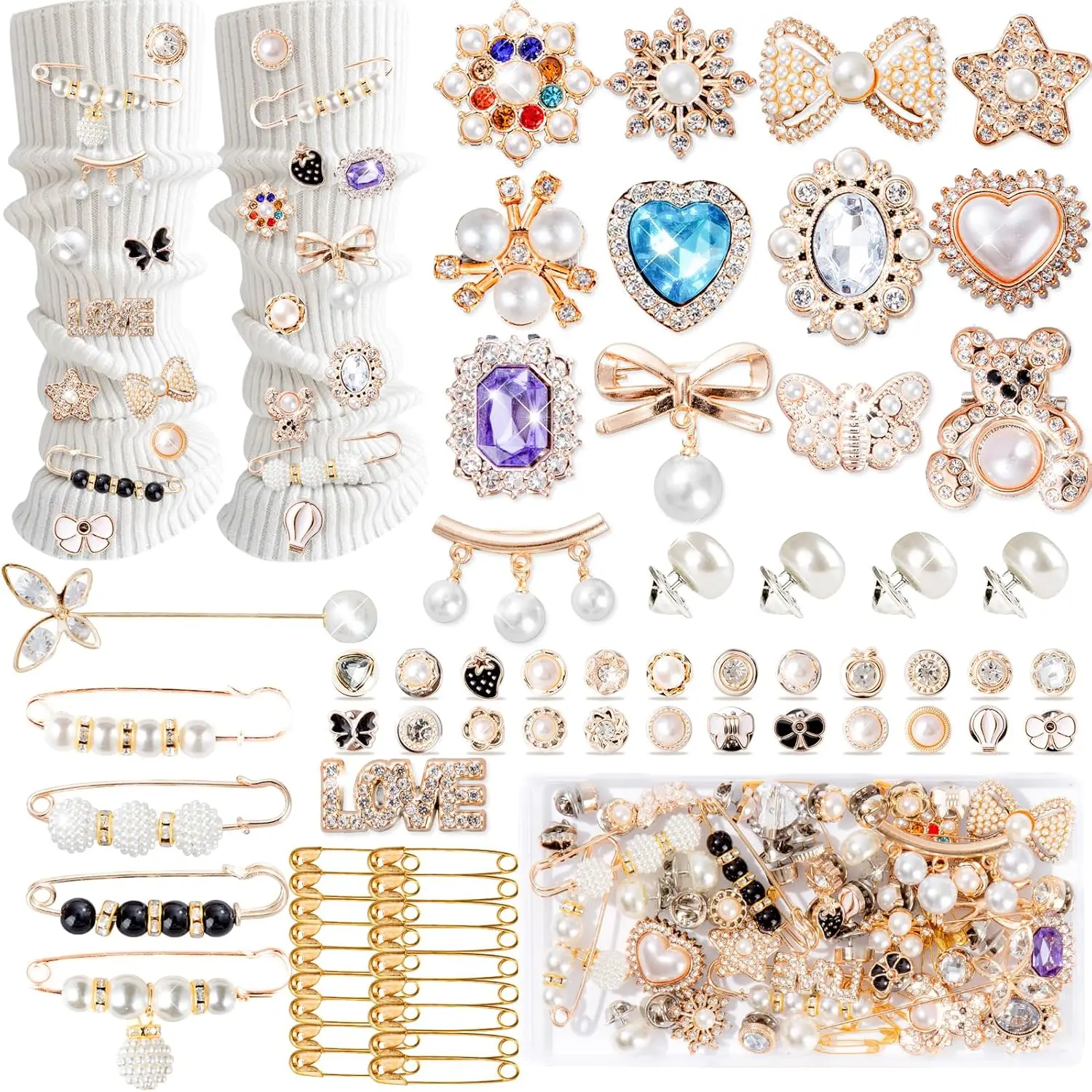 65 count Charms for Socks Safety Pin Brooch junk socks charms Brooches and Pins for Women Junk Socks Charms Pins Safety Pin Charms for Socks  Rhinestone Brooch Pins Buttons Shoe Sock Charms Kit