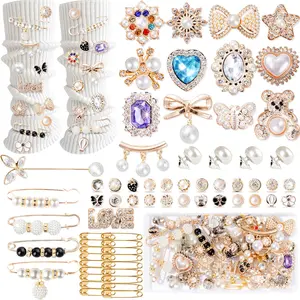 65 count Charms for Socks Safety Pin Brooch junk socks charms Brooches and Pins for Women Junk Socks Charms Pins Safety Pin Charms for Socks  Rhinestone Brooch Pins Buttons Shoe Sock Charms Kit