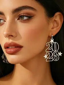 2026 Year Dangle Earrings, Silver Color &, Lightweight Star Number Ear Jewelry, New Year Party Daily Wear Women Fashion Accessories