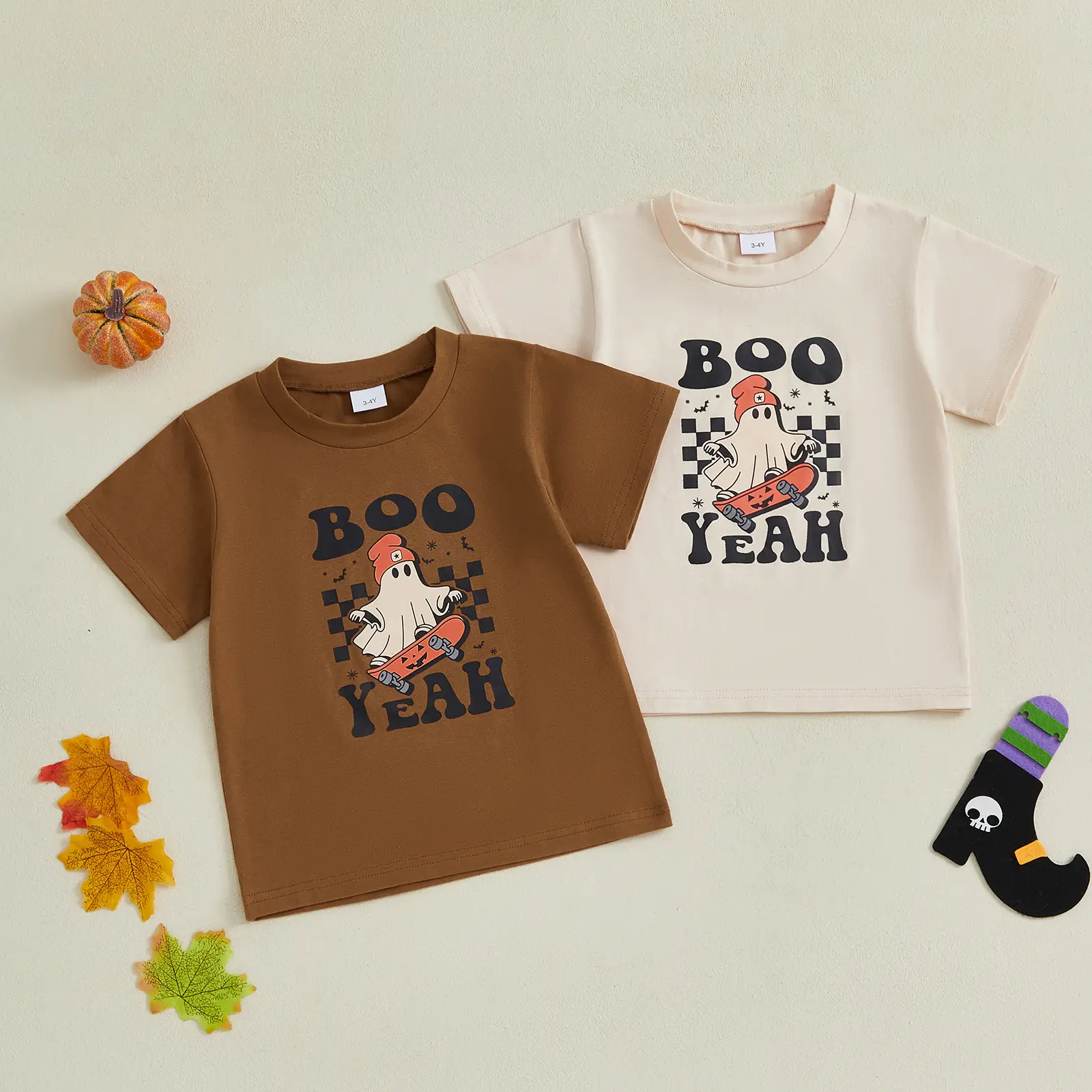Toddler Baby Boys Halloween Casual Tops Short Sleeve Crewneck Letter Ghost Print Loose Fit T-shirt 1-6 Years