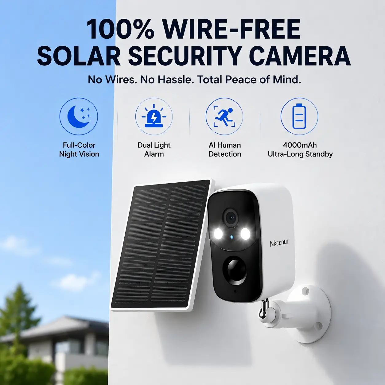 NKCCNUR 1pc Solar Powered Outdoor Security Camera, 1440P HD , WiFi connection, IP66 waterproof, two-way audio, AI human/vehicle/pet detection, AI motion detection, motion alert, encrypted cloud storage, indoor & outdoor dual-use.【Nkccnur】