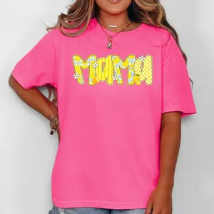 Mama, Yellow Checkered, Flowers, Retro, Comfort Colors T-Shirt, Women's Comfort Colors Tee