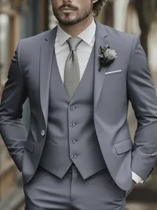 Men'S 3pcs Suit Set - Slim Fit, Long Sleeve, Solid Color, Non-Stretch Fabric, Lapel Collar, Fake Buttons, Formal, All-Season Wear, Perfect for Weddings, Work Uniforms, And Holiday Gifts, Wedding Attire | Slim Fit Suit | Nonstretch Fabric, Suit For Men